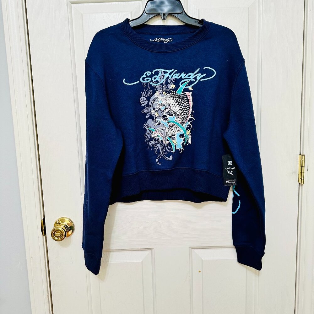 DON ED HARDY DESIGNS FISH TATTOO SIGNATURE LOGO CREW NECK SWEATSHIRT